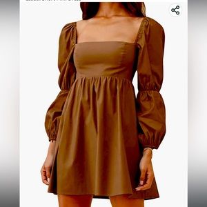 Camel Long Sleeve Square Neck Puff Sleeve A-line Dress